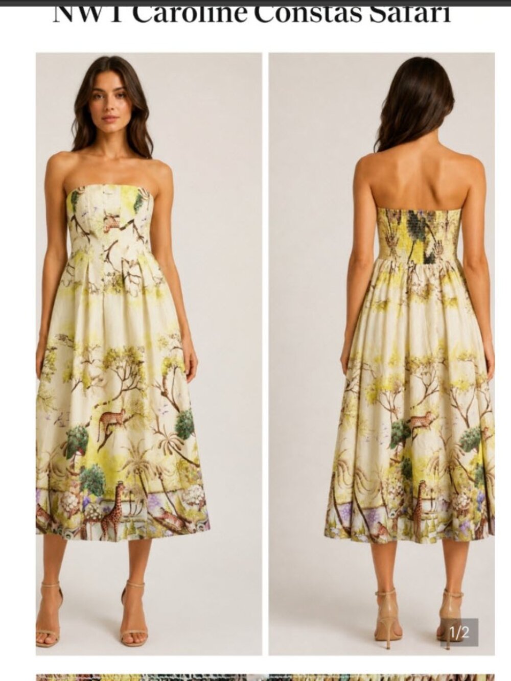 NWT Caroline Constas Safari Jungle Giraffe Strapless Cotton Maxi Dress